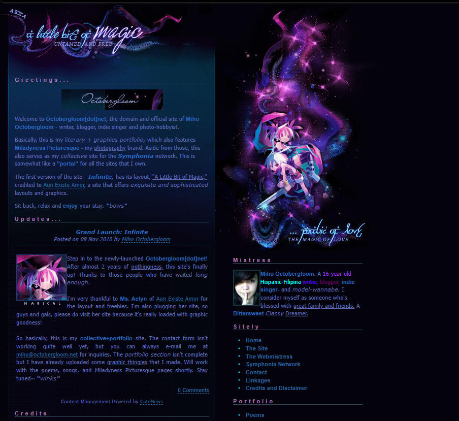 Octobergloom.net's first version featured a free layout from AunExAmor.net. Pink, purple, and light blue hues paint the dark background.