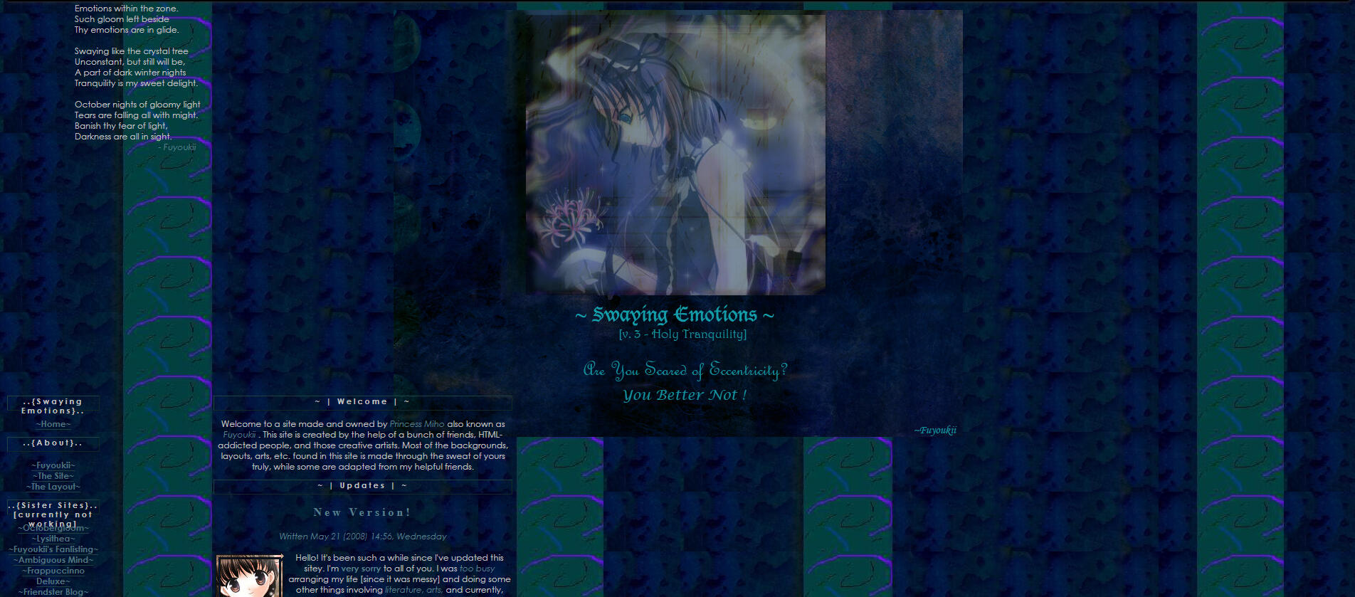 A screenshot of the old GeoCities website, Swaying Emotions, featuring a dark blue theme, a banner with an anime character, and a background made entirely from Paint.