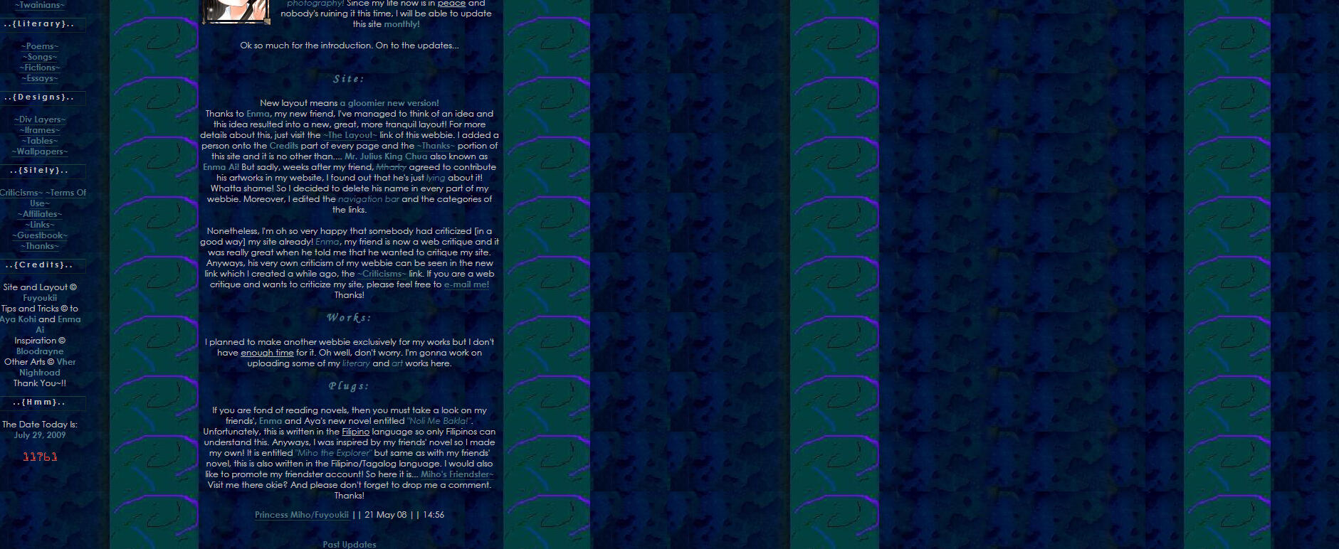 A screenshot of the old GeoCities website, Swaying Emotions, featuring a dark blue theme, a banner with an anime character, and a background made entirely from Paint.